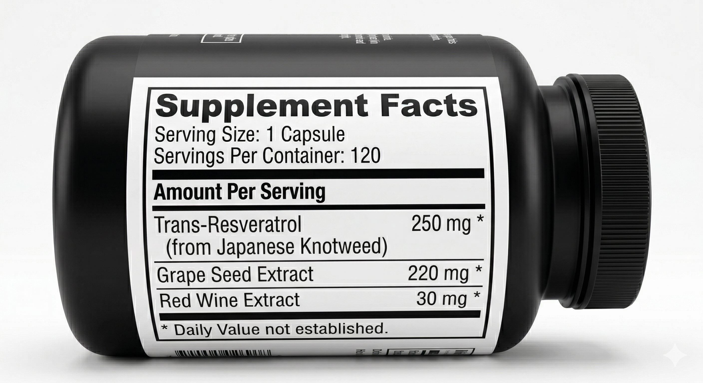 Supplement Facts label showing 250mg Trans-Resveratrol in a 500mg Complex