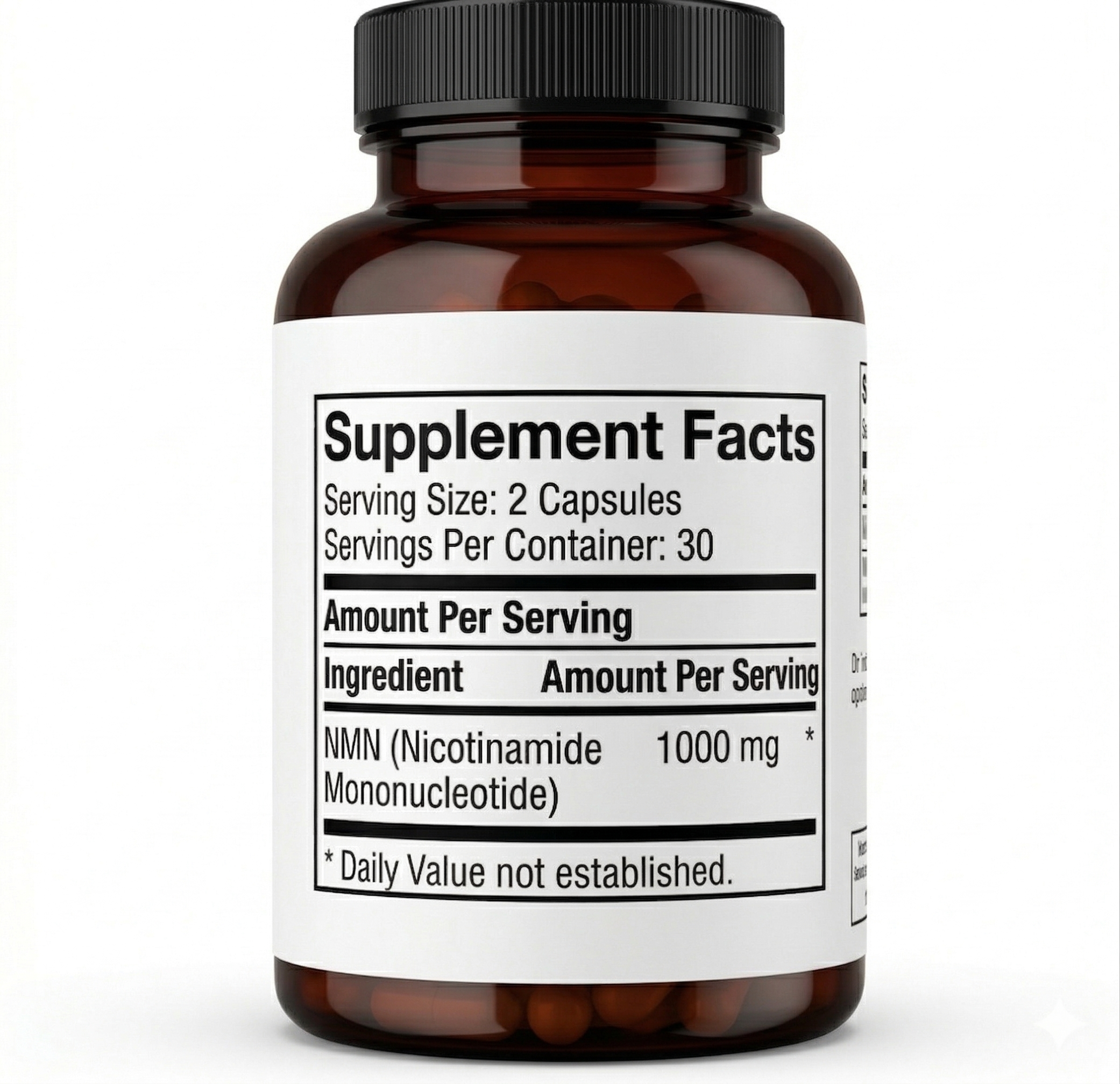Supplement Facts label showing Serving Size of 2 Capsules with 30 Servings Per Container